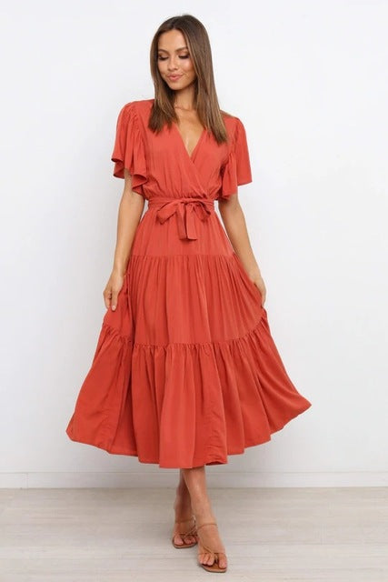 Trendy Solid Color Ruffles Long Dresses Women Sexy V-neck Ruffle Sleeves Leace-up Temperament Elegant Lady Dress 2025 Summer New