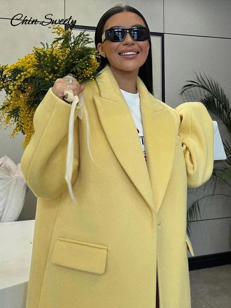 Fashion Woolen Long Coat Women  Autumn Full Sleeve Button Fake Pocket Split Yellow Overcoat Elegant Oversize New in Outwear