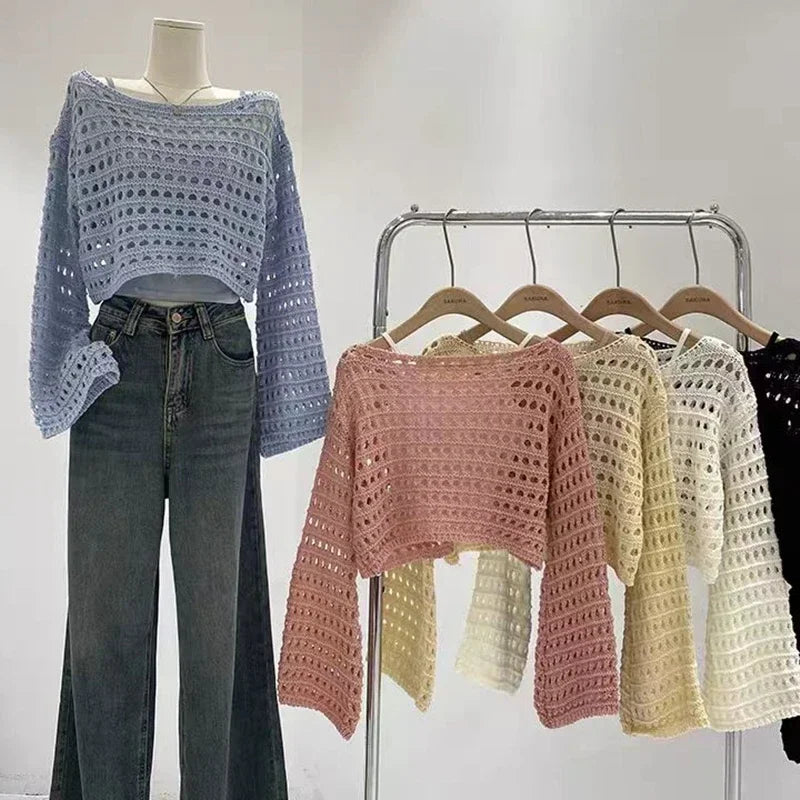 Vintage Hollow Out T-shirt Casual Knit Sweater Loose Y2K T-shirt Crewneck Thin Sweater Autumn Pullovers Fashion Streetwear