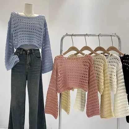 Vintage Hollow Out T-shirt Casual Knit Sweater Loose Y2K T-shirt Crewneck Thin Sweater Autumn Pullovers Fashion Streetwear