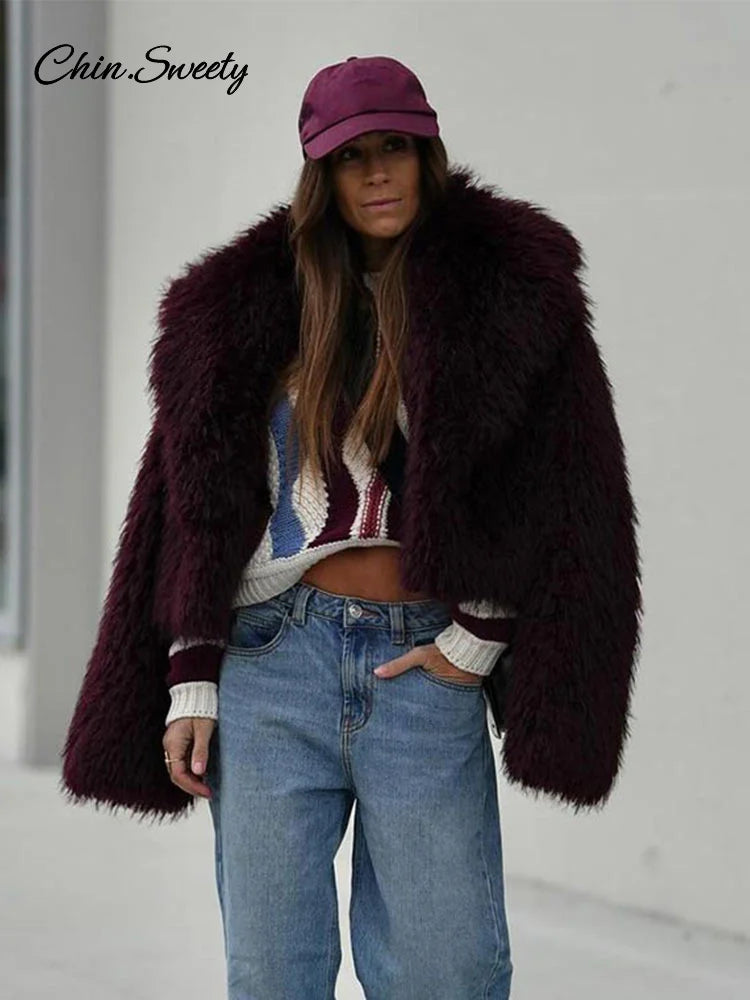 Fashion Women Faux Fur Coat Fluffy Lapel Loose Long Sleeve Burgundy Red Cropped Jacket Female  Winter High Street Outwear