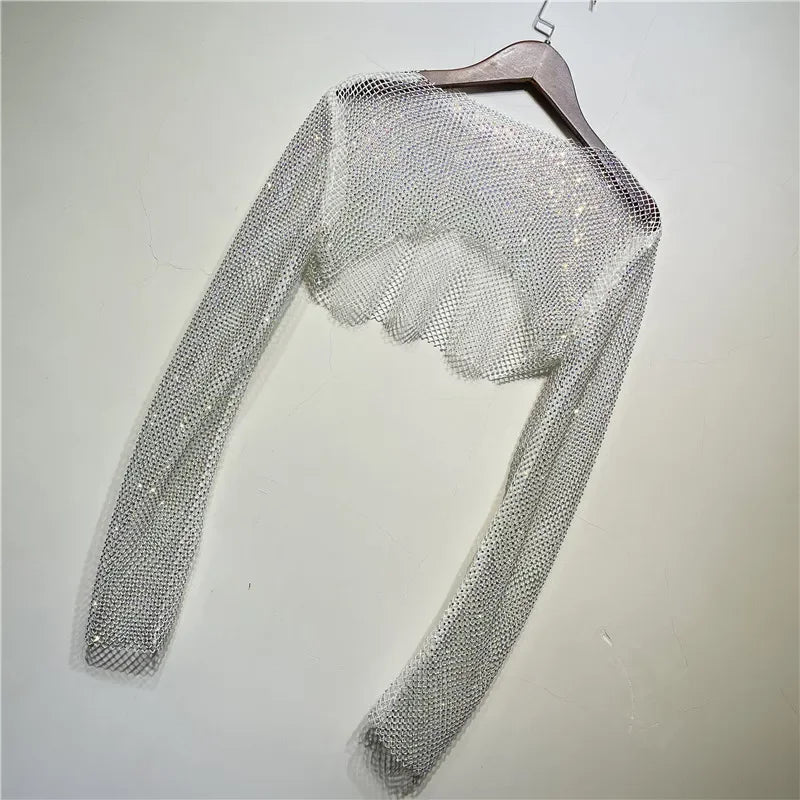 Sparkly Crystal T-shirts O-Neck Hollow Out See Through Tank Tops Night Partywear Crop Shirts Tee Y2K Tops