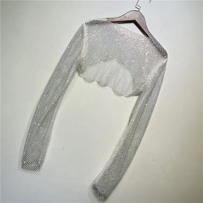 Sparkly Crystal T-shirts O-Neck Hollow Out See Through Tank Tops Night Partywear Crop Shirts Tee Y2K Tops