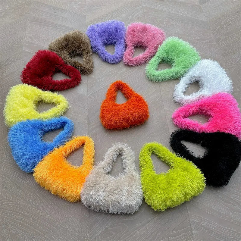 Cute  Winter Candy Color Handbags Women Kawaii Furry Plush Faux Fur Bags Goth Y2k Girls Festival Shoulder Armpit Hobos Bag