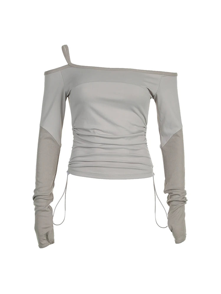 Slash Neck Patchwork Long Sleeve Slim Basic Casual Tees Side Shirring Womens T Shirt