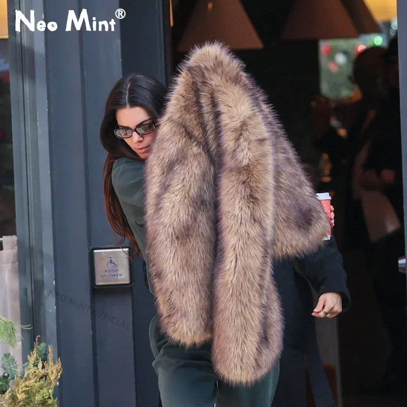 Chic Brand Icon Fashion Kendall Jenner Brown Gradient Faux Fur Jacket Women  Winter New Luxury Cropped Fox Fur Coat