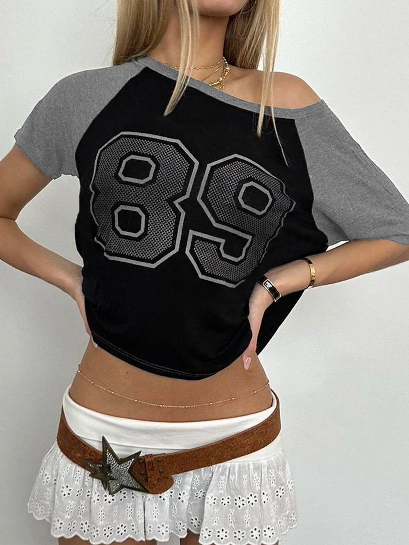 American Retro Casual Football Tee Jersey Figure Print Contract Patchwork Short Sleeve Loose Casual Summer Preppy T Shirt Women
