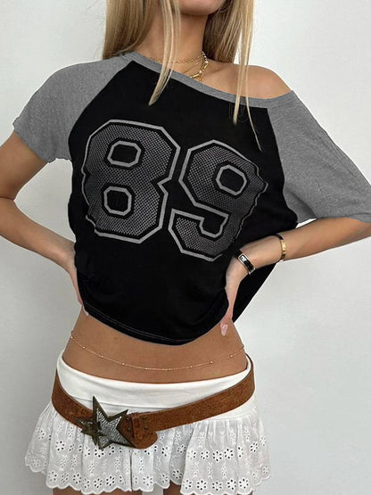 American Retro Casual Football Tee Jersey Figure Print Contract Patchwork Short Sleeve Loose Casual Summer Preppy T Shirt Women