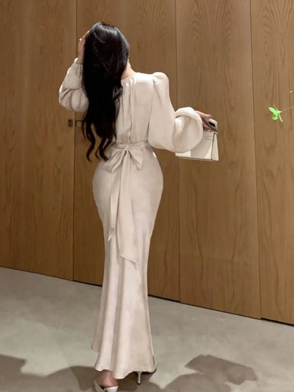 Elegant Bodycon Printed Midi Dresses for Women V-neck Lantern Sleeve Slim Waist Mermaid Evening Party Dress Autumn New Vestidos