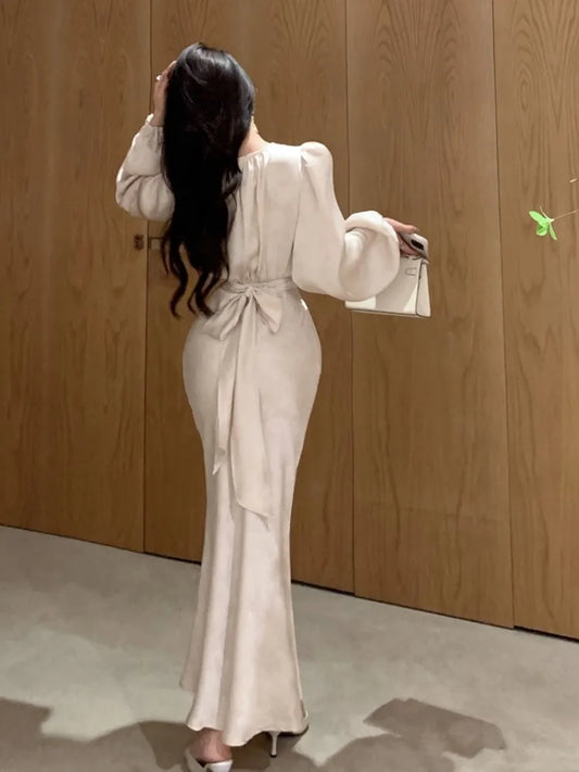 Elegant Bodycon Printed Midi Dresses for Women V-neck Lantern Sleeve Slim Waist Mermaid Evening Party Dress Autumn New Vestidos