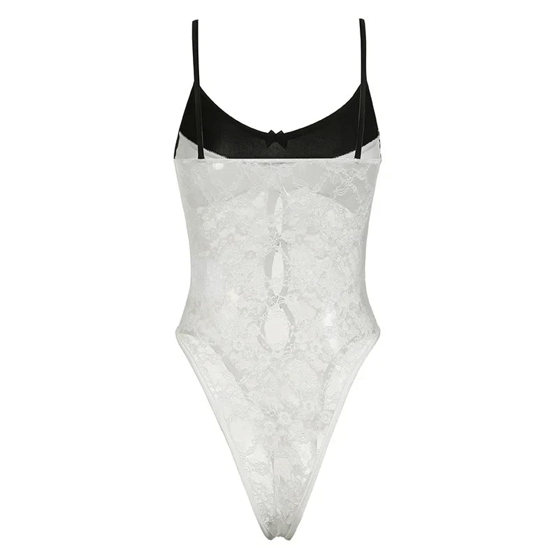 Voguable Korean Style Contrast Lace Patchwork Bodysuit Multi Bows Hollow Out Sleeveless Bodysuits Y2K Translucent Top
