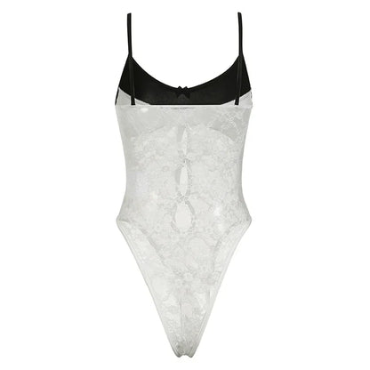 Voguable Korean Style Contrast Lace Patchwork Bodysuit Multi Bows Hollow Out Sleeveless Bodysuits Y2K Translucent Top
