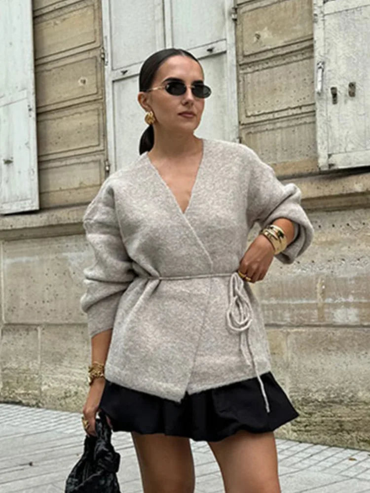 Casual Solid Lace Up Knitted Cardigan Women Fashion V Neck Long Sleeve Loose Sweater Winter New Female Elegant Streetwear
