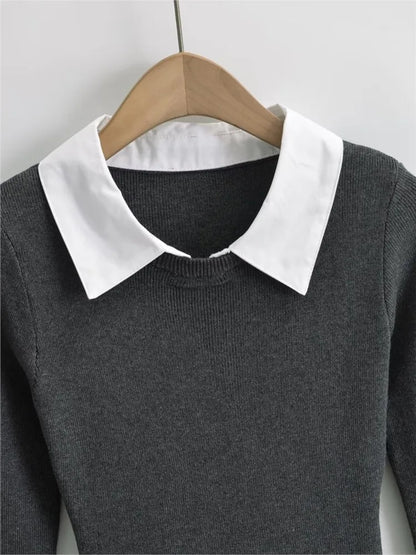 Korean Fashion Knitted Short Dresses for Women Autumn New Patchwork Long Sleeve Pleated A-line Y2K Sexy Party Dress with Belt