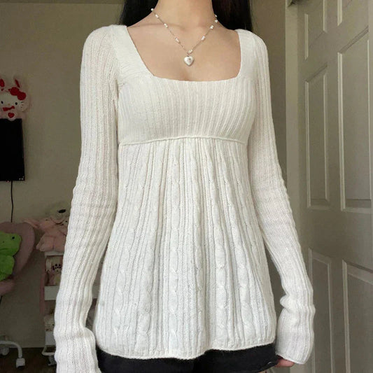 Vintage Babydoll Tops Pullovers Lady Aesthetic Coquette Knit Sweaters Outfit Square Neck Long Sleeve Knitwear Jumpers Y2k