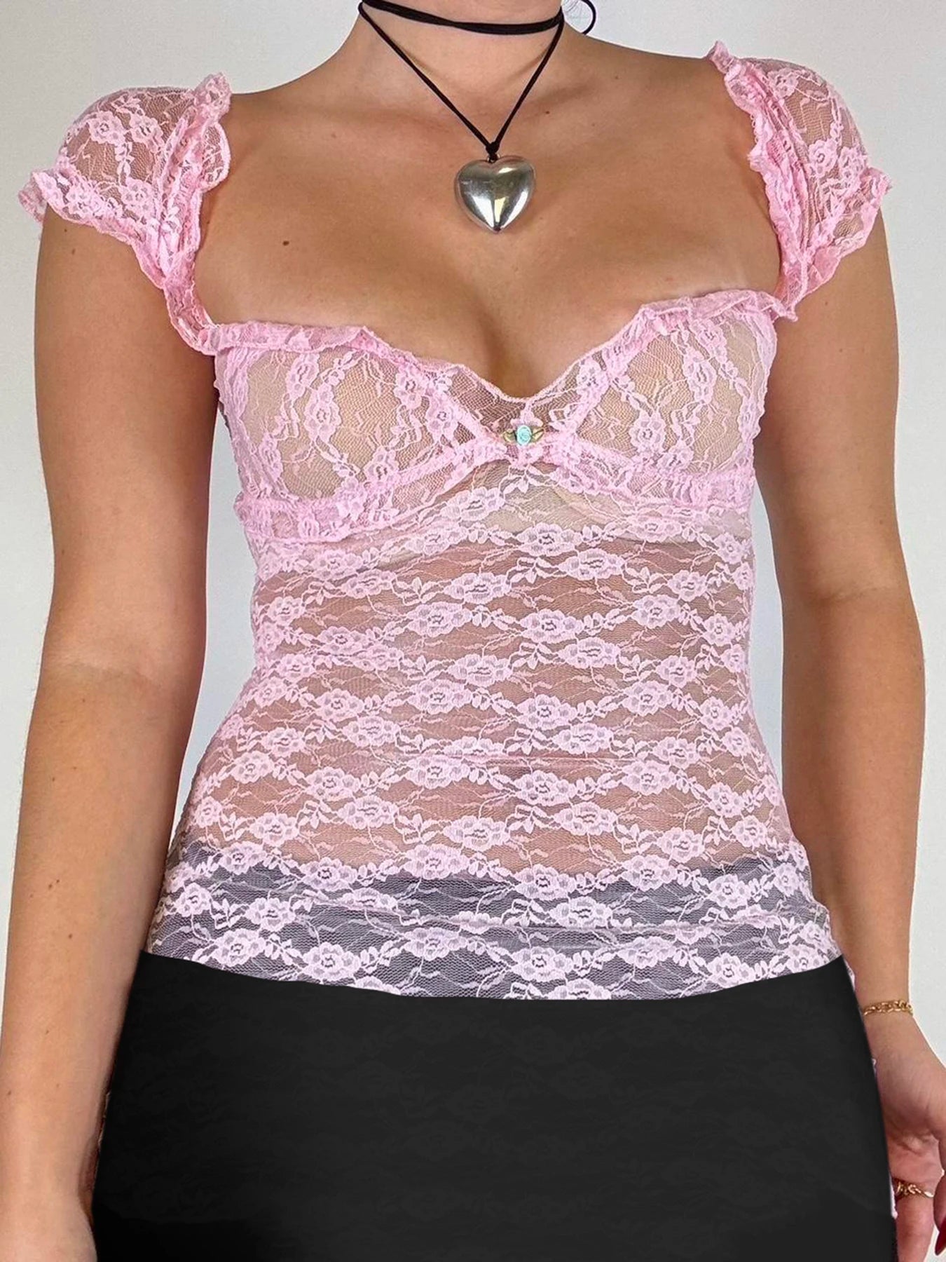 See Through Slim Sexy Black Square Collar Lace T Shirts Women Pink Solid Flower Short Sleeve Sweet Balletcore Y2K Tops