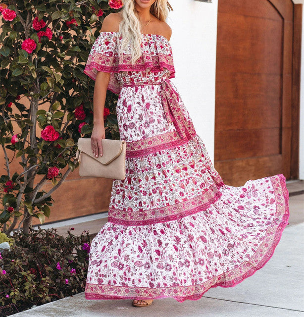 Flower Print Off Shoulder Long Dresses For Women Spring Summer New Fashion Temperament High Waist Leace-up Dress Female Vestidos