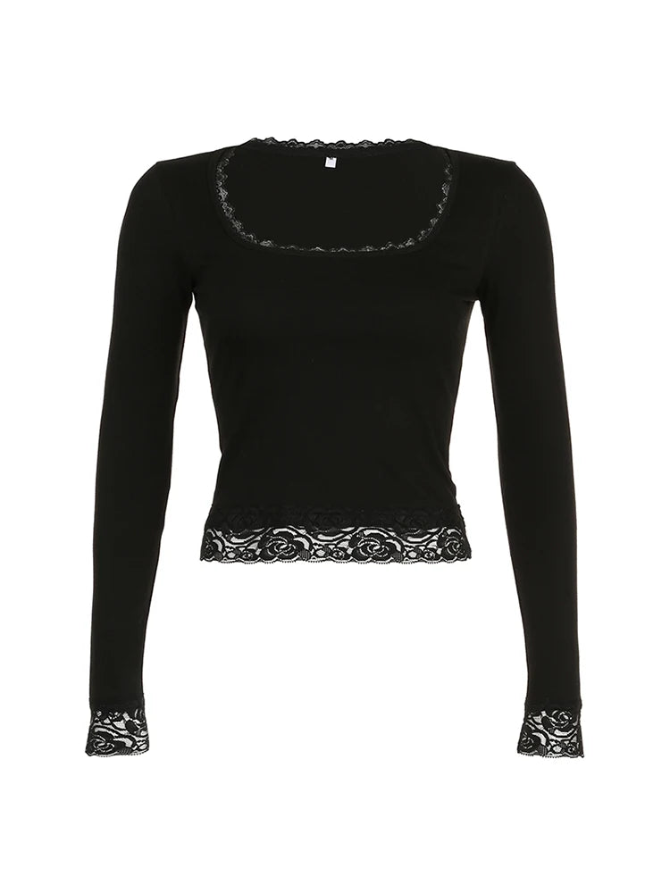 Lace Trim Square Collar Slim Long Sleeve Tee Black Solid Simple Basic Spring Autumn T Shirt Women Y2K Streetwear Tops