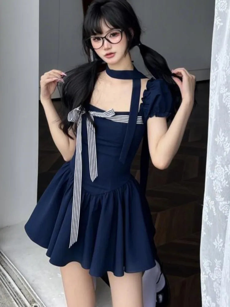 Y2K Short Dresses for Women Square Collar Puff Sleeve Ruffles A-line Solid Summer Korean Fashion Sweet One Piece Vestido Mujer