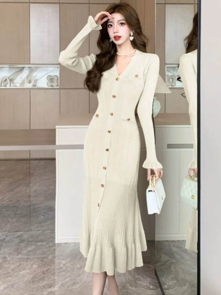 Autumn Solid Knitted Dresses for Women Single Breasted Chic Flared Sleeve Ruffles Hem Casual  Female Office Elegant Robes