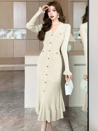 Autumn Solid Knitted Dresses for Women Single Breasted Chic Flared Sleeve Ruffles Hem Casual  Female Office Elegant Robes