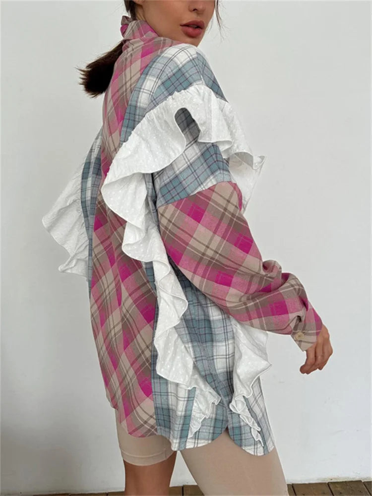 Ruffled Fashion Patchwork Shirts Women’s Long Sleeve Lapel Cardigan Striped Contrast Clothes For Women Summer Shirts Coat