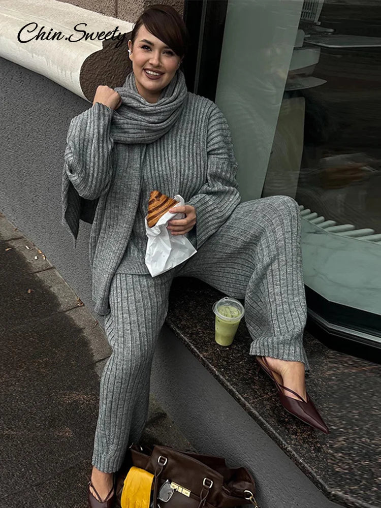 Lazy Loose Knit Burgundy Red Pant Set With Scarf Women Long Sleeve V-neck Jumper Wide Leg Full-length Pants Suit Lady Outfits