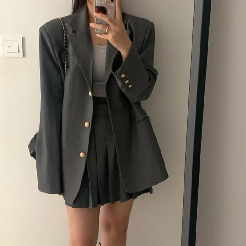Korean Chic Two-piece Skirt Set Women Single Breasted Blazer Loose Jacket Solid Pleated Mini Skirt Autumn Office Lady Outfits