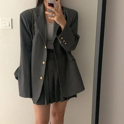 Korean Chic Two-piece Skirt Set Women Single Breasted Blazer Loose Jacket Solid Pleated Mini Skirt Autumn Office Lady Outfits