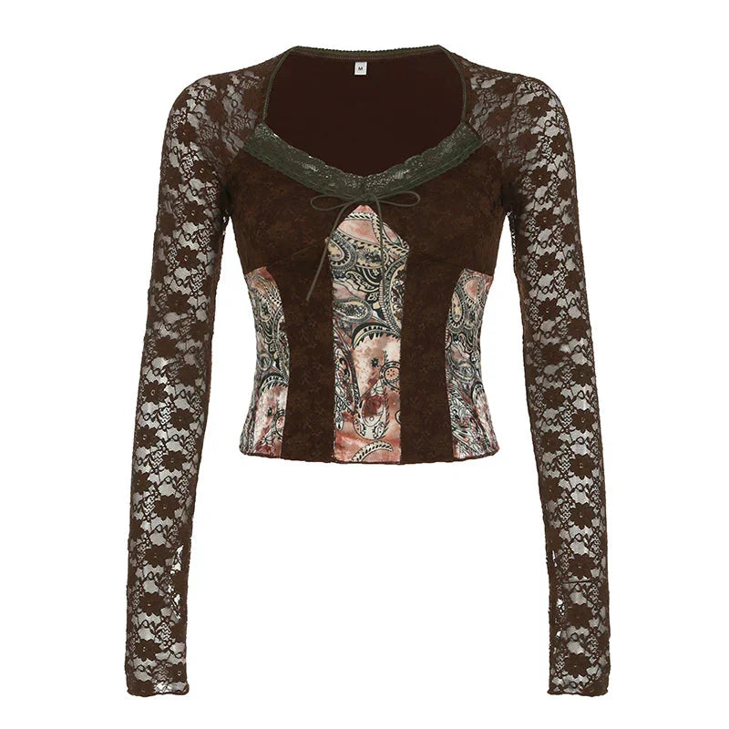 Brown Transparent Lace Sleeve Crop Top Grunge y2k Floral Print Square Collar T-shirt Retro Shirt Vintage 2000s Tees