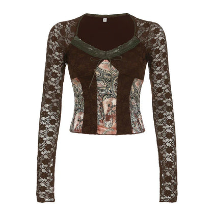 Brown Transparent Lace Sleeve Crop Top Grunge y2k Floral Print Square Collar T-shirt Retro Shirt Vintage 2000s Tees