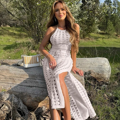 Slim Hollow Out Skirt Suit Knitted For Women Sleeveless Strapless Top Summer New High Waisted Lace Up Split Long Skirt