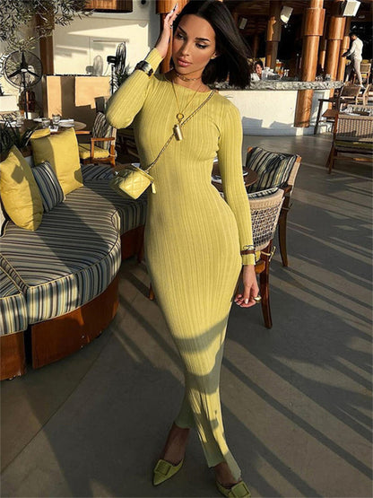 Fashion Autumn Slim Maxi Dress For Women High Waist Patchwork Ribbed Elegant Party Dress Ladies Solid Long Dress Clothes