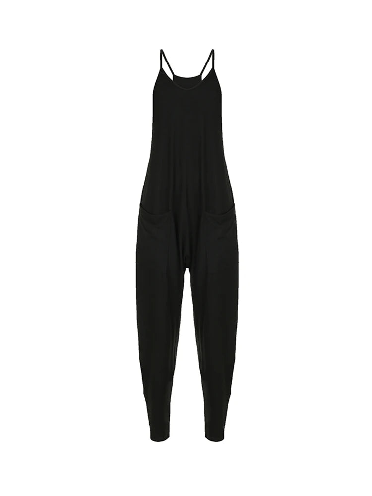 Solid Hippie Baggy Pockets Strappy Rompers Womens Jumpsuits Casual Streetwear