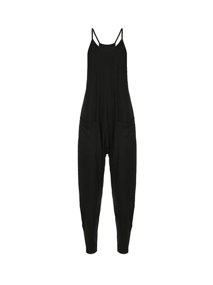 Solid Hippie Baggy Pockets Strappy Rompers Womens Jumpsuits Casual Streetwear