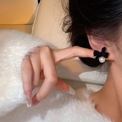 LIZAKOSHT Winter Pearl Bowknot Stud Earrings for Women Happy New Year Gift Jewelry