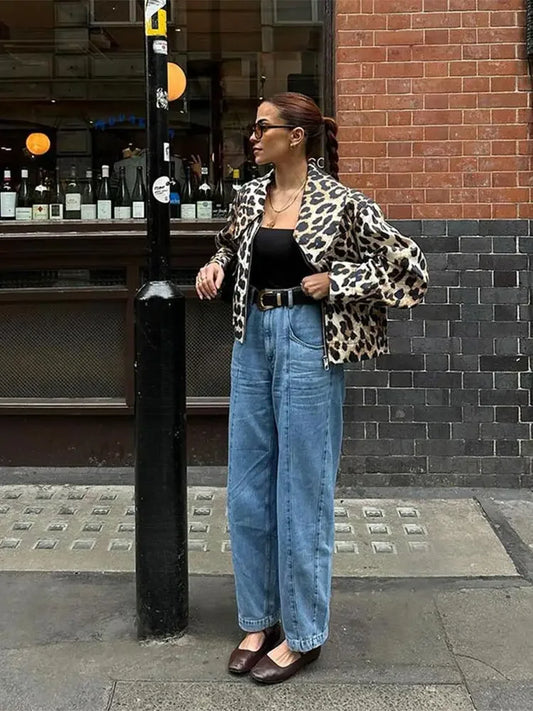 Women Casual Leopard Print Bomber Jacket Elegant Lapel Long Sleeves Zipper Pockets Loose Coat Autumn Lady High Streetwewar