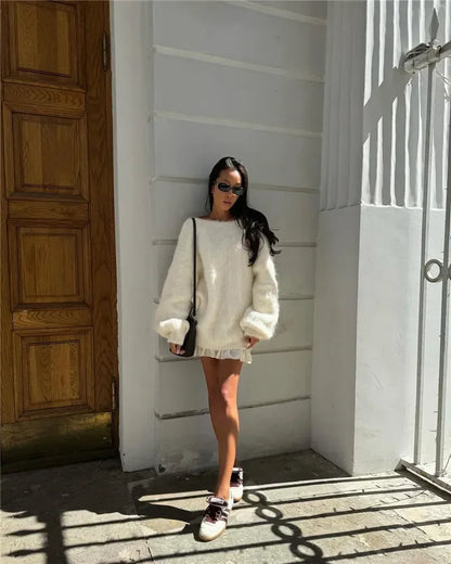 Trendix Loose Backless Knit Pullover For Women's 2024 Sexy Off Shoulder Long Sleeve Sweater Femme Solid Casual Knitwear Cover-up