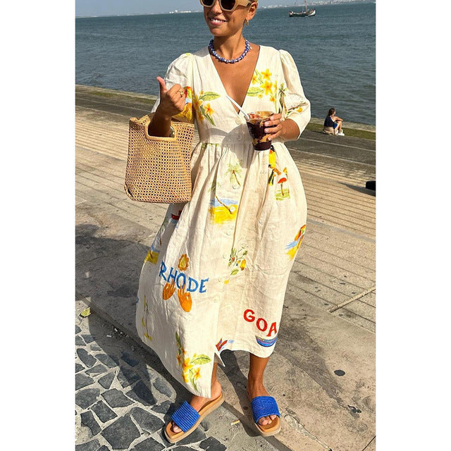 Fashion Print Dresses Women Trendy Puff Short Sleeves Single-breasted Casual Beach Vacation Loose Long Dress Summer New Vestidos