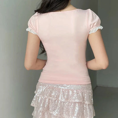 Voguable Y2K Contrast Lace Bow Patchwork Top Casual Basic Slim-fit Short Sleeve T-shirt Coquette Aesthetic Tees