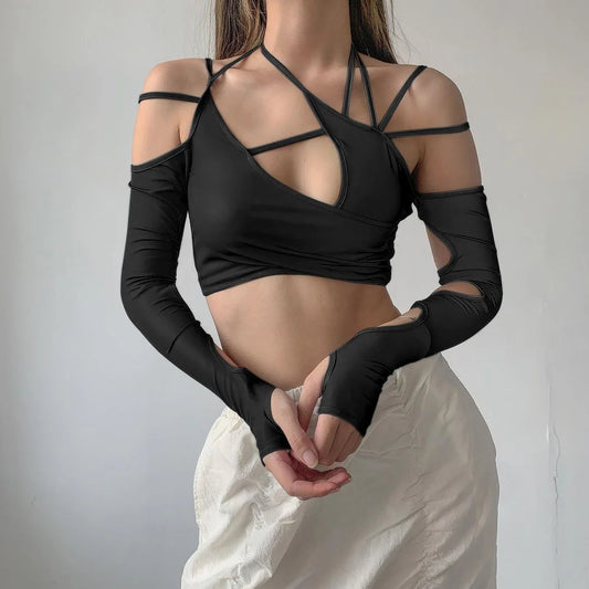 Europe and the United States y2k summer new women’s solid color halter halter halter crop back sleeved blouse