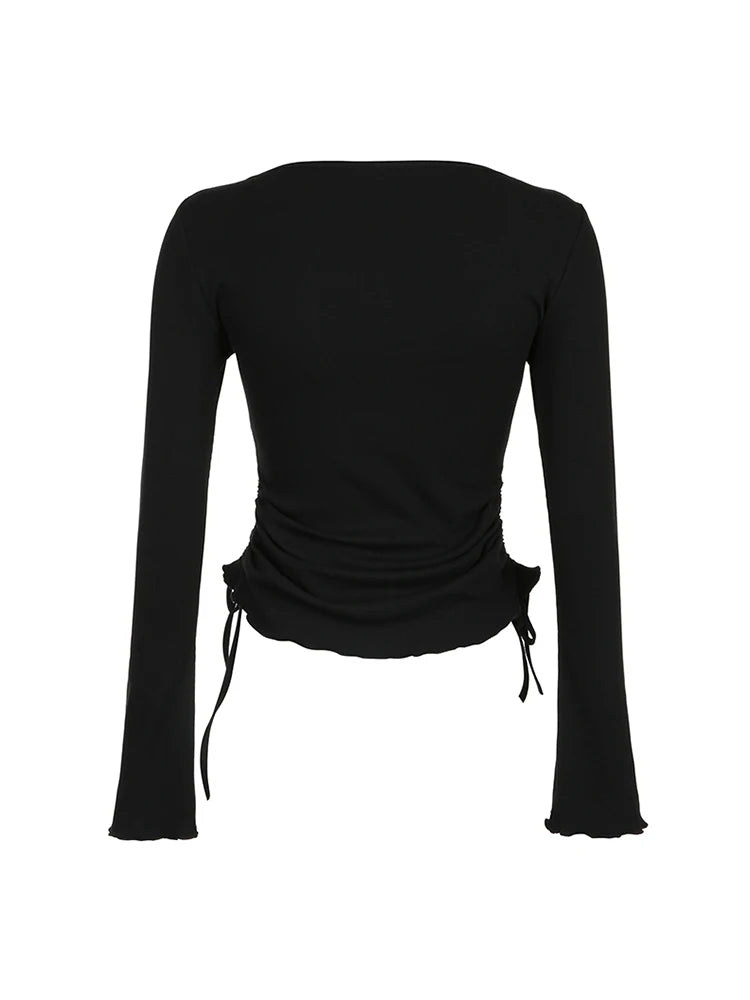 Black Solid Ribbed O Neck Slim Long Sleeve Basic Long Sleeve T Shirt Women Side Shirring Lace-Up Chic Fashion Elegant Simple Tee