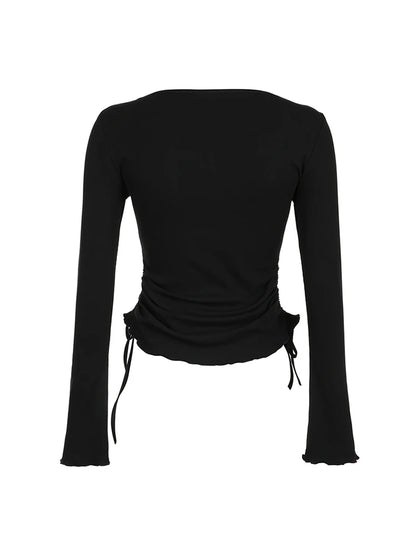 Black Solid Ribbed O Neck Slim Long Sleeve Basic Long Sleeve T Shirt Women Side Shirring Lace-Up Chic Fashion Elegant Simple Tee