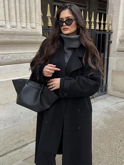 Fashion Double Breasted Women's Woolen Overcoat Elegant Lapel Long Sleeve Jacket With Belt Female New Commute Outerwear