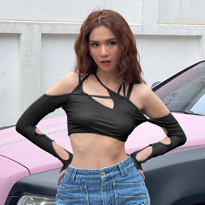 Europe and the United States y2k summer new women’s solid color halter halter halter crop back sleeved blouse