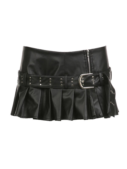 Punk Gothic Zipper Split Black PU Leather Pleated Skirt With Rivet Belt Women Sexy Baddie Outfits