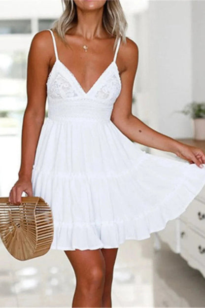 V-Neck Backless Lace-Up Mini Dress with Spaghetti Straps