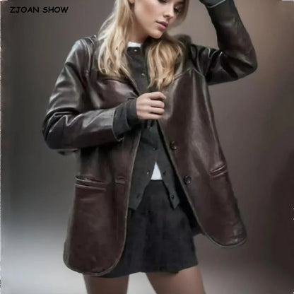 American Retro Women Brown Red PU Leather Blazer Notched Collar Full Sleeve Midi Long Oversized Suits Loose Outerwear