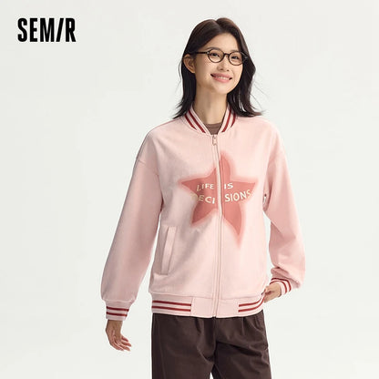 Coat Women Mid-Length Imitation Suede Loose Contrast Color Jacket Autumn Letter American Retro Star Baseball Coat