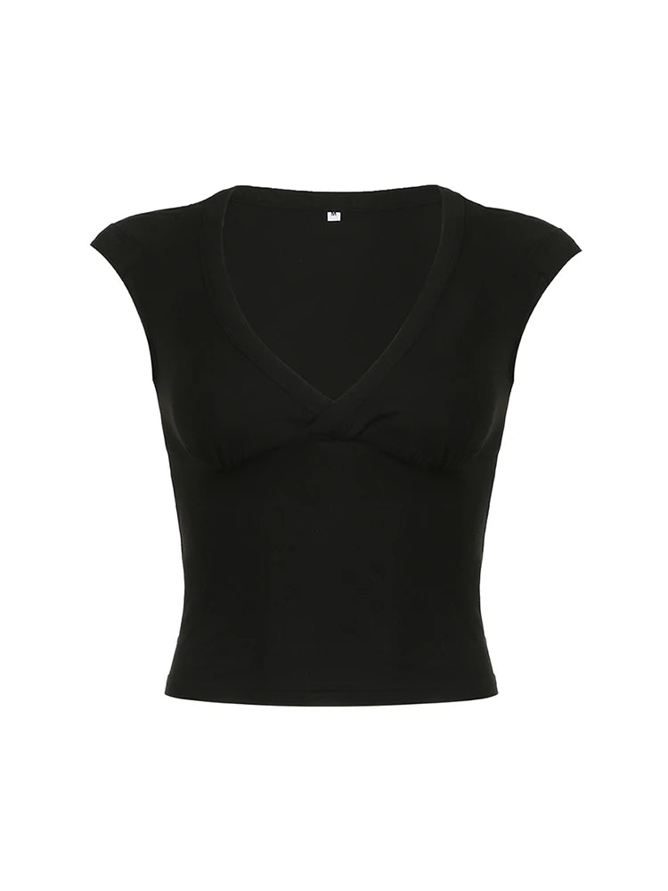 White Solid Basic Slim Low Bust V Neck Crop Tees Women Black Simple Fashion Short Sleeve Summer T Shirt